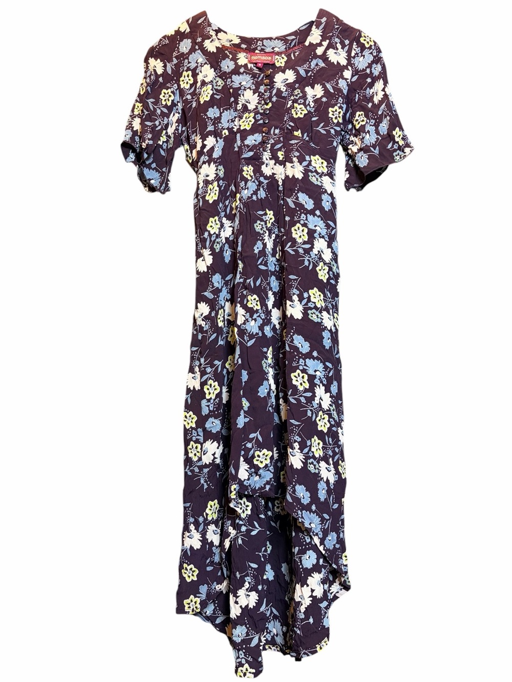 Nomads cottage core Fair Trade High Low Bell Sleeves floral summer dress purple